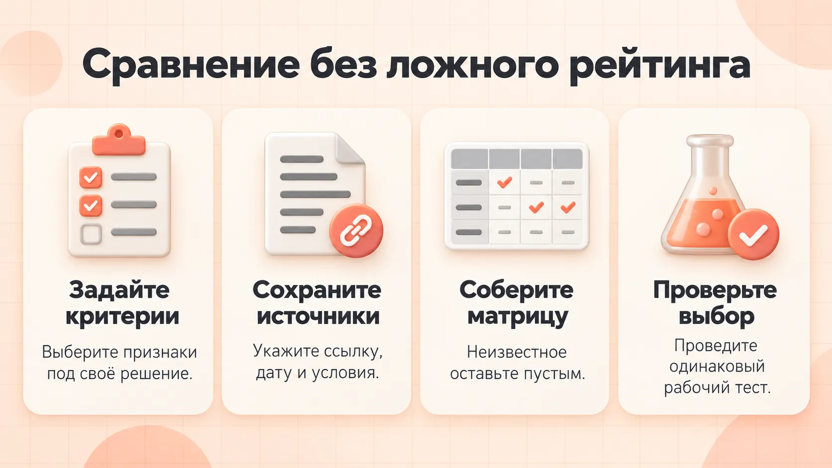 Четыре шага сравнения конкурентов: задать критерии, сохранить источники, собрать матрицу и проверить выбор