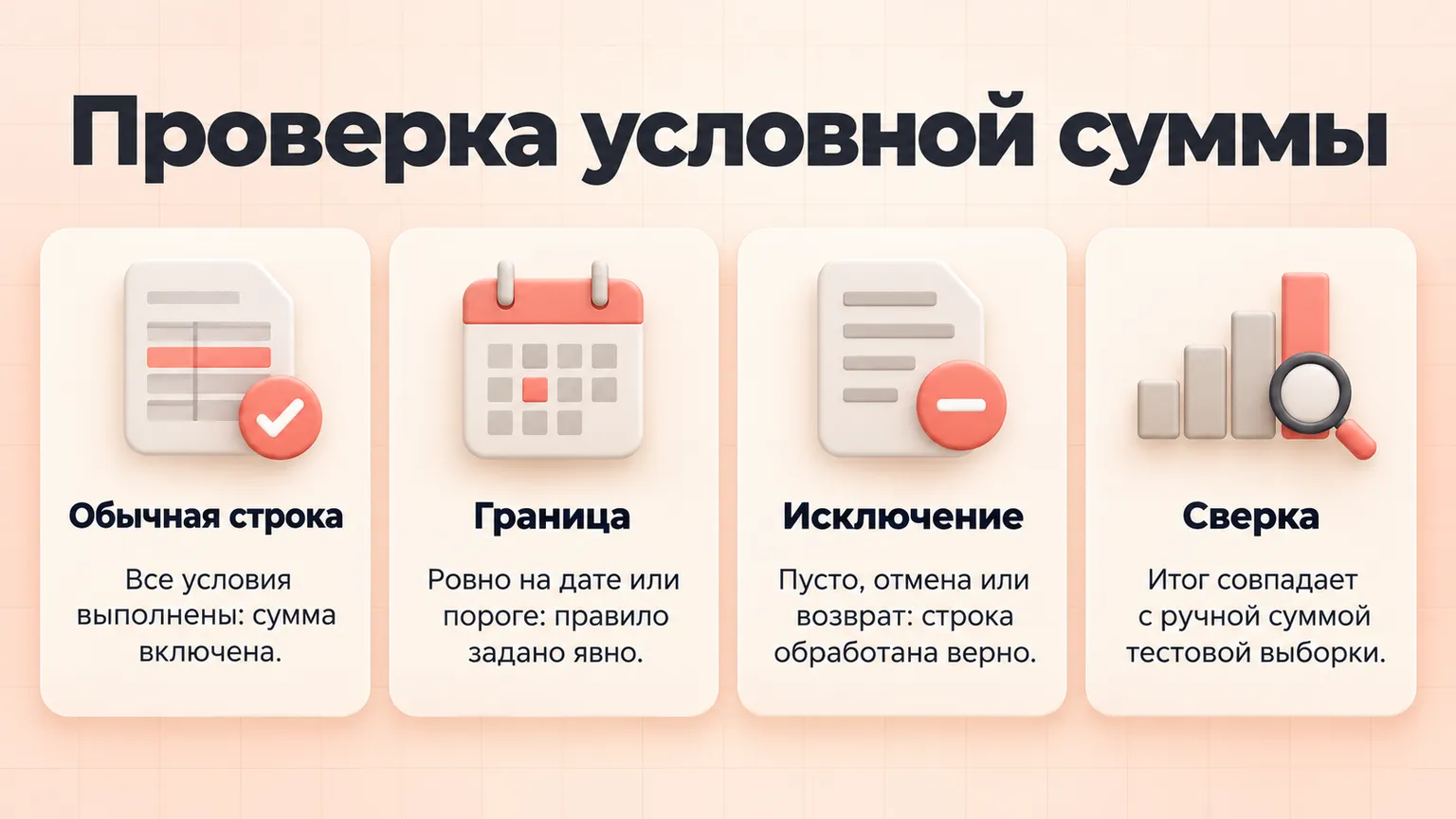 Проверка условной суммы: обычная строка, граница, исключение и ручная сверка