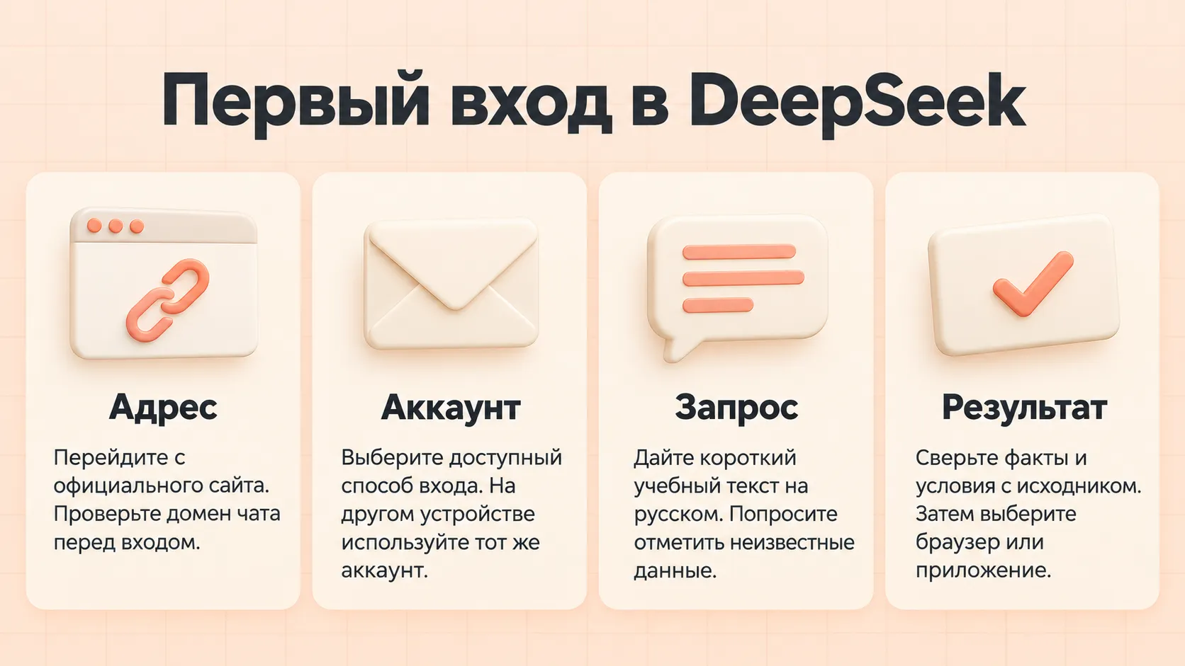 Первый вход в DeepSeek: официальный адрес, свой аккаунт, учебный запрос на русском и проверка фактов перед выбором клиента