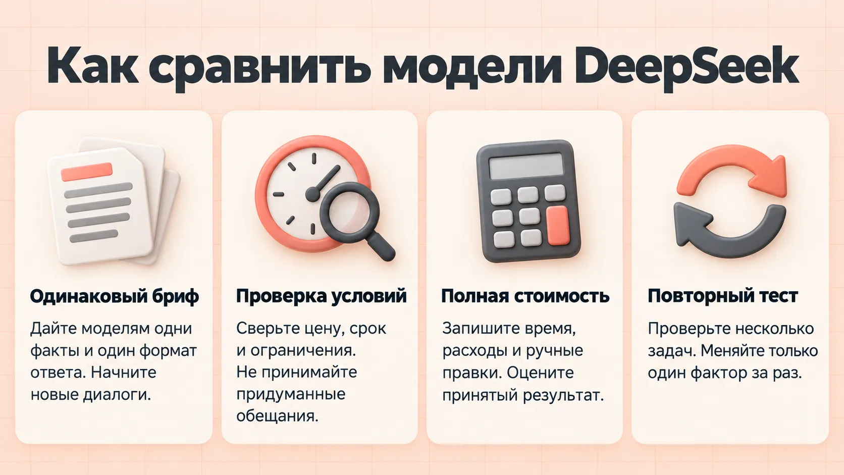 Четыре шага сравнения моделей DeepSeek: одинаковый бриф, проверка условий, полная стоимость и повторный тест