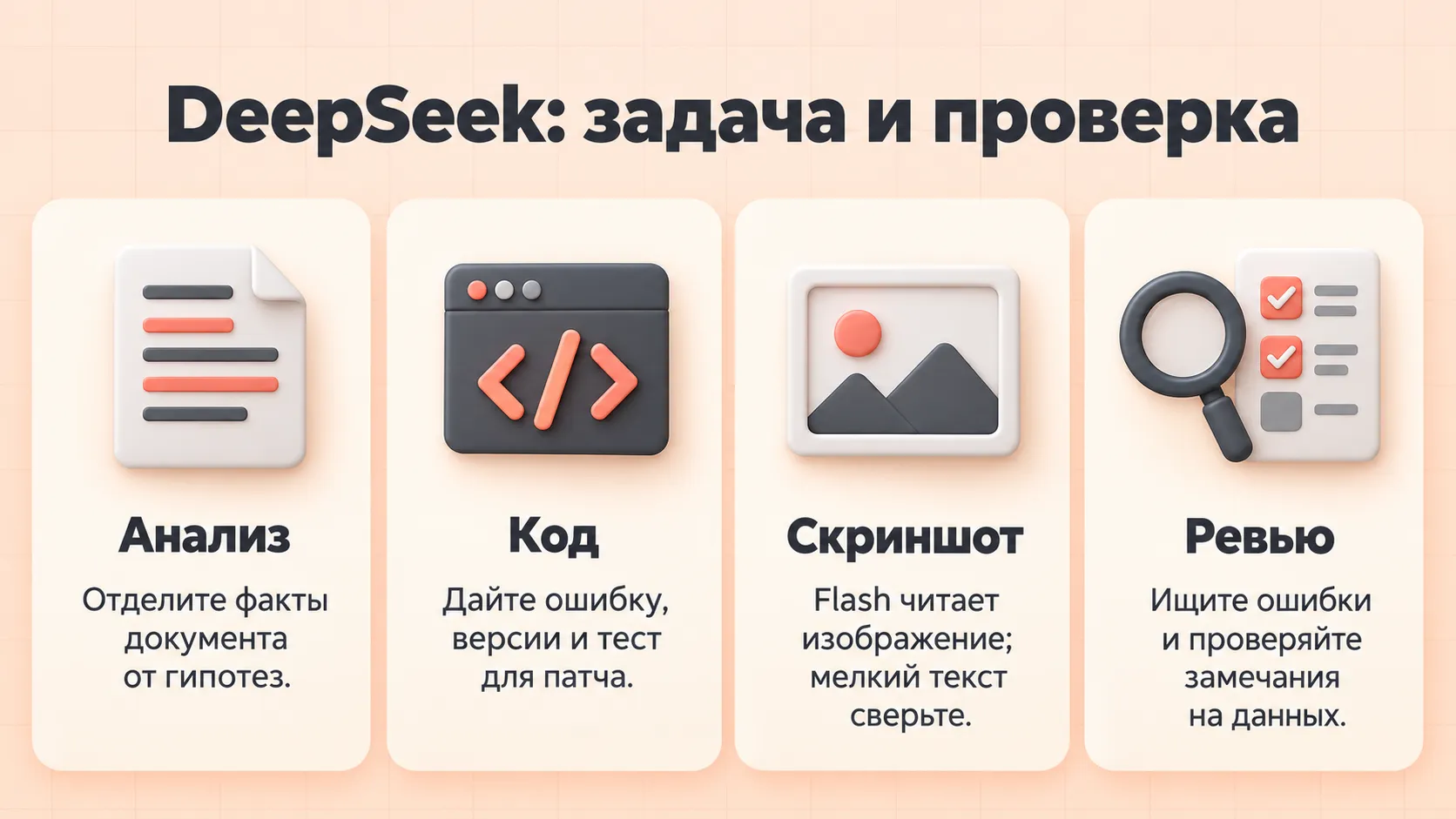 Четыре рабочих сценария DeepSeek: анализ, код, чтение скриншота и проверка результата