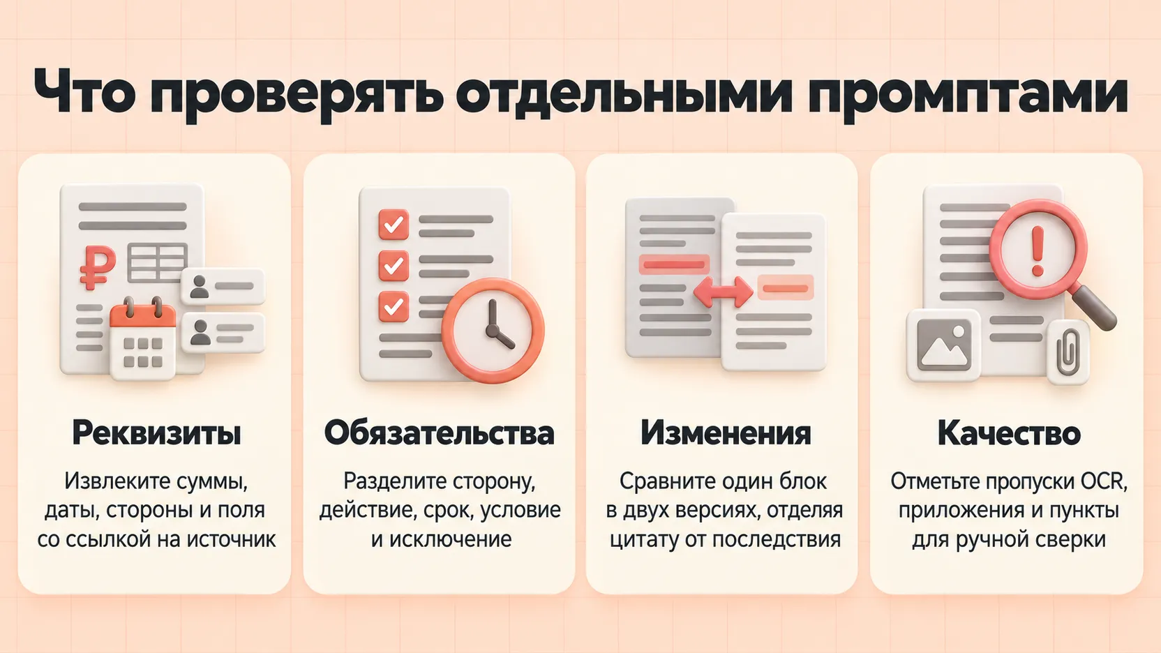 Четыре отдельные задачи проверки документа: реквизиты, обязательства, изменения и качество распознавания
