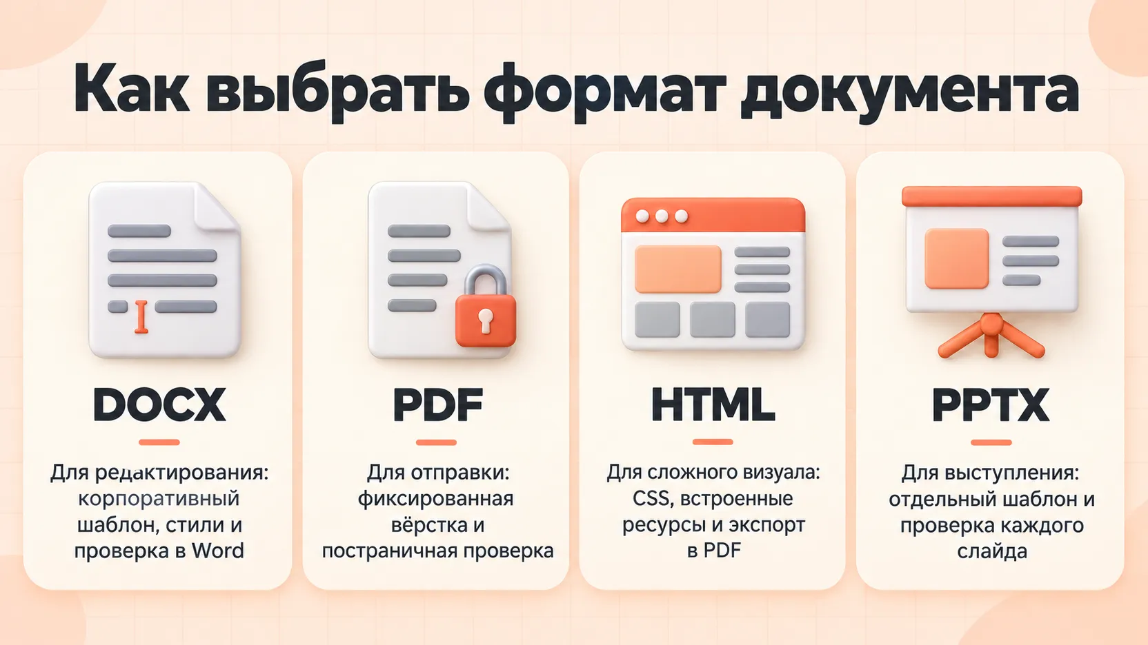 Сравнение DOCX, PDF, HTML и PPTX по назначению и способу проверки