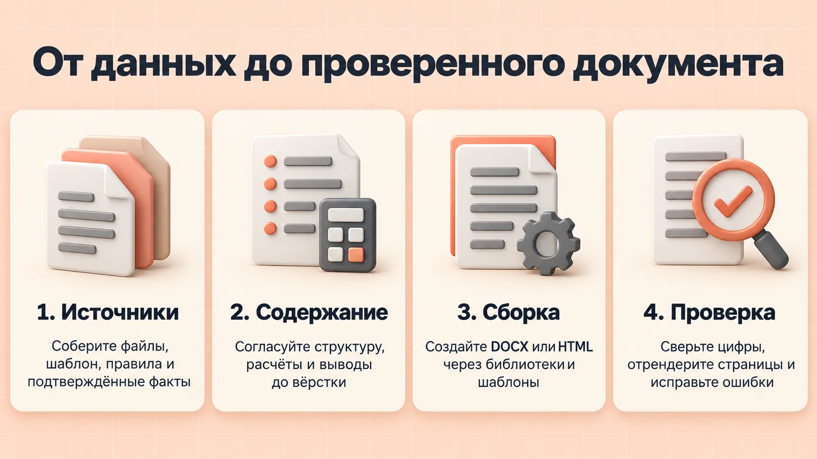 Четыре этапа создания документа: источники, содержание, сборка и проверка