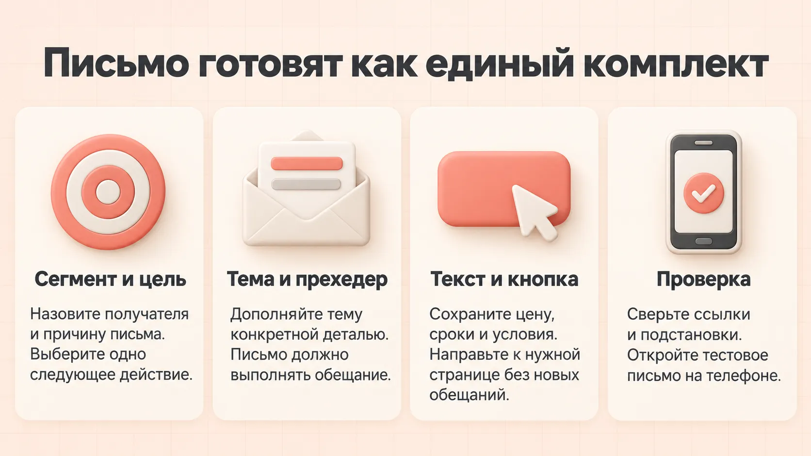 Четыре проверки email-рассылки: сегмент и цель, согласованные тема и прехедер, одно действие и тест перед отправкой