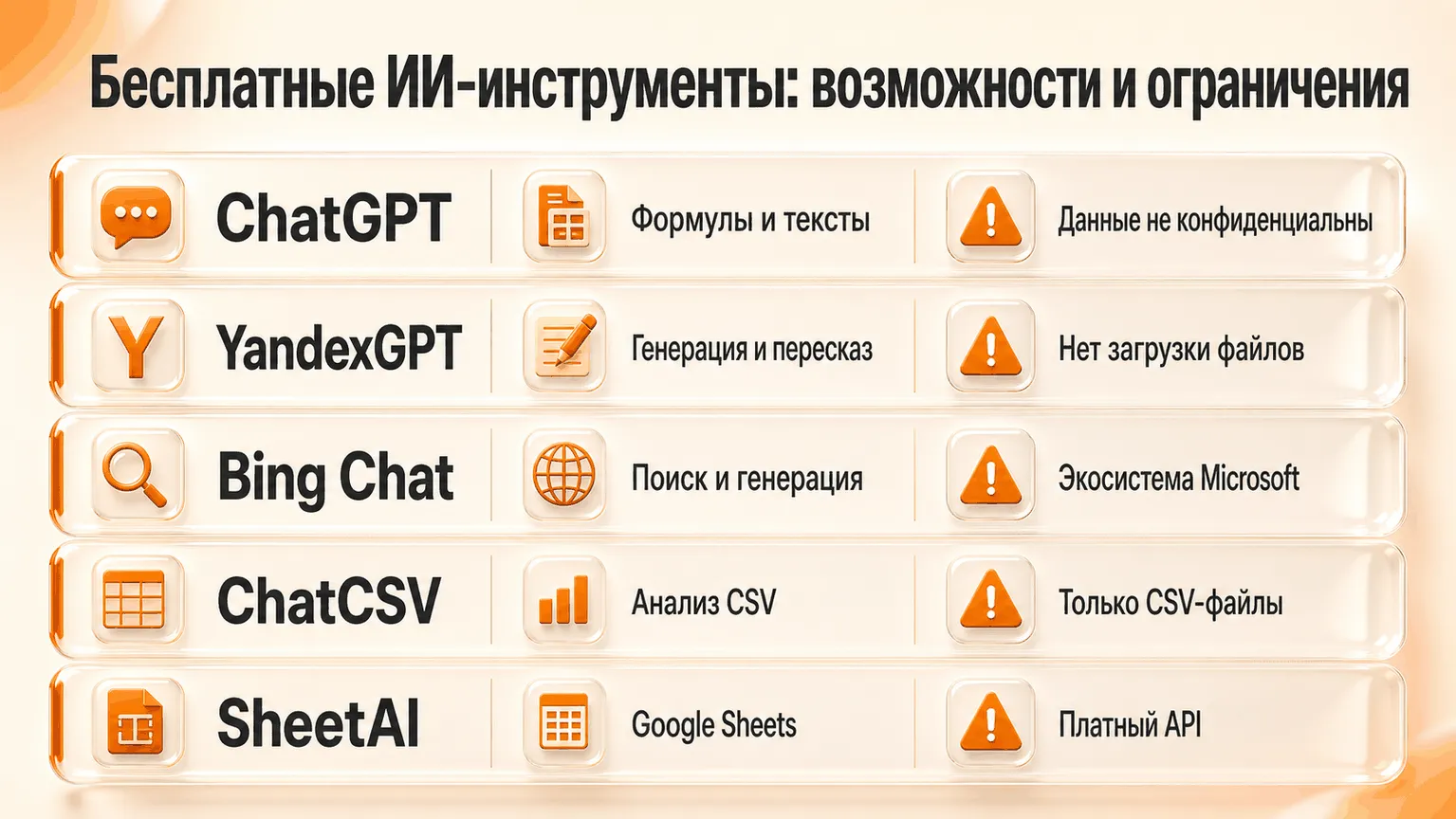 Сравнительная таблица бесплатных ИИ-инструментов: возможности и ограничения ChatGPT, YandexGPT, Bing Chat, ChatCSV, SheetAI