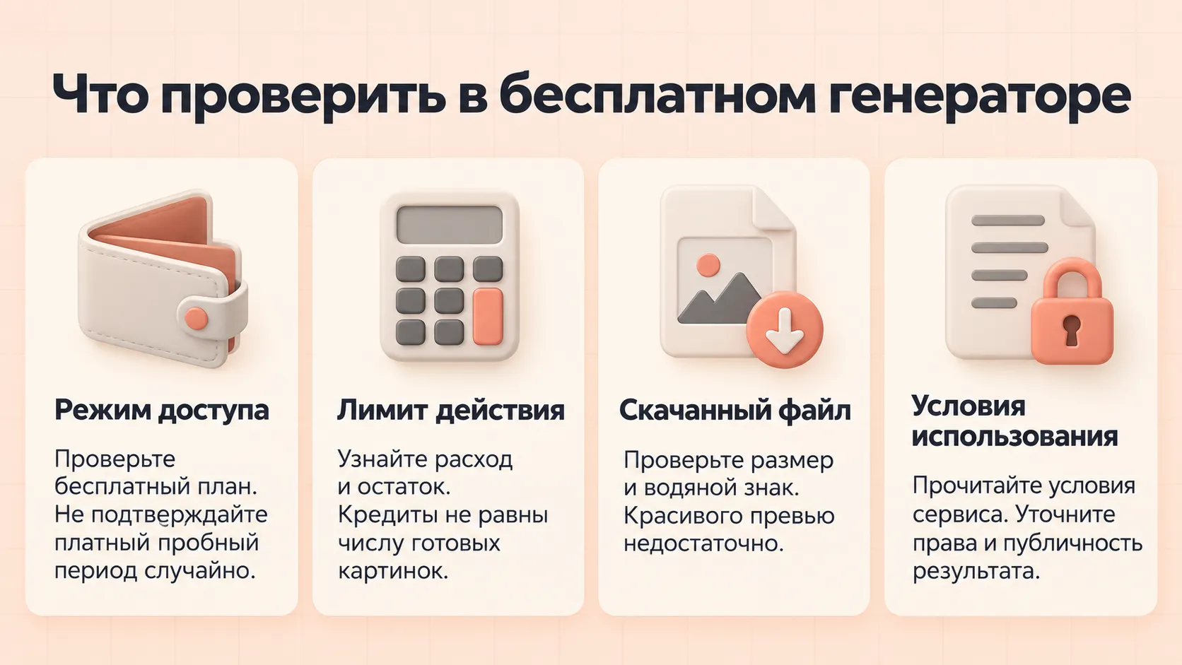 Четыре проверки бесплатного генератора: режим, лимит, скачанный файл и условия использования