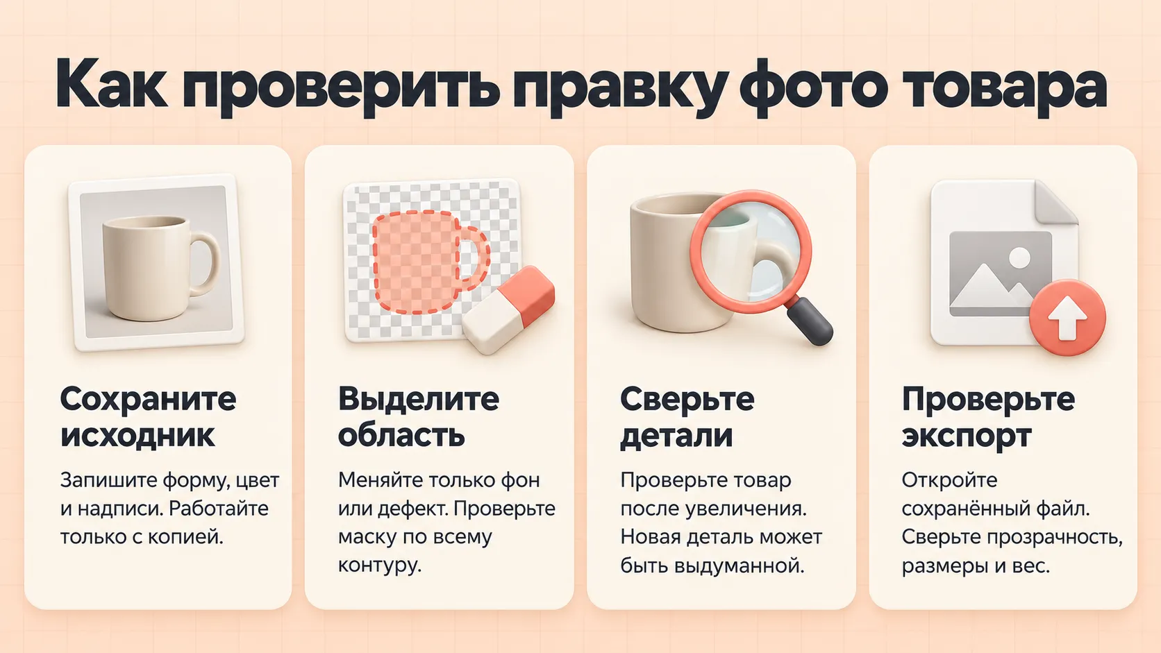 Проверка редактирования фото товара: исходник, точная область, сохранение деталей и экспорт