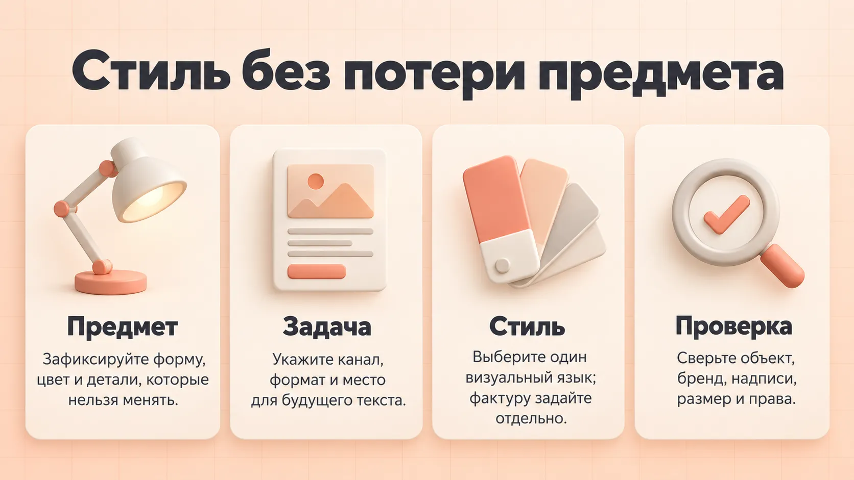 Четыре части проверяемого задания для изображения: предмет, применение, стиль и контроль