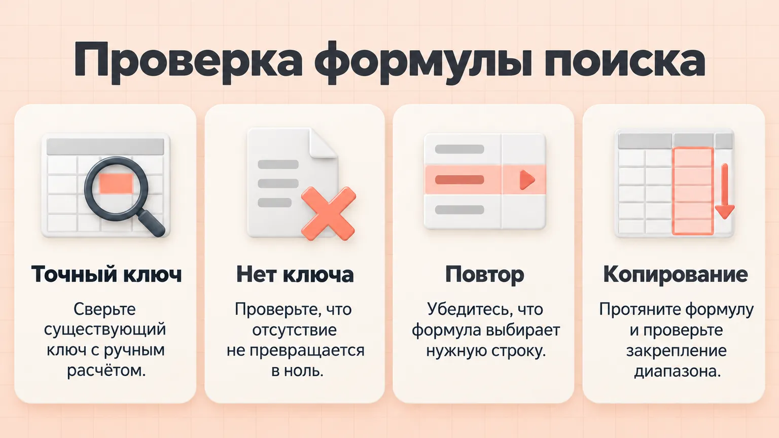 Проверка формулы поиска: точный ключ, отсутствие ключа, повтор и копирование