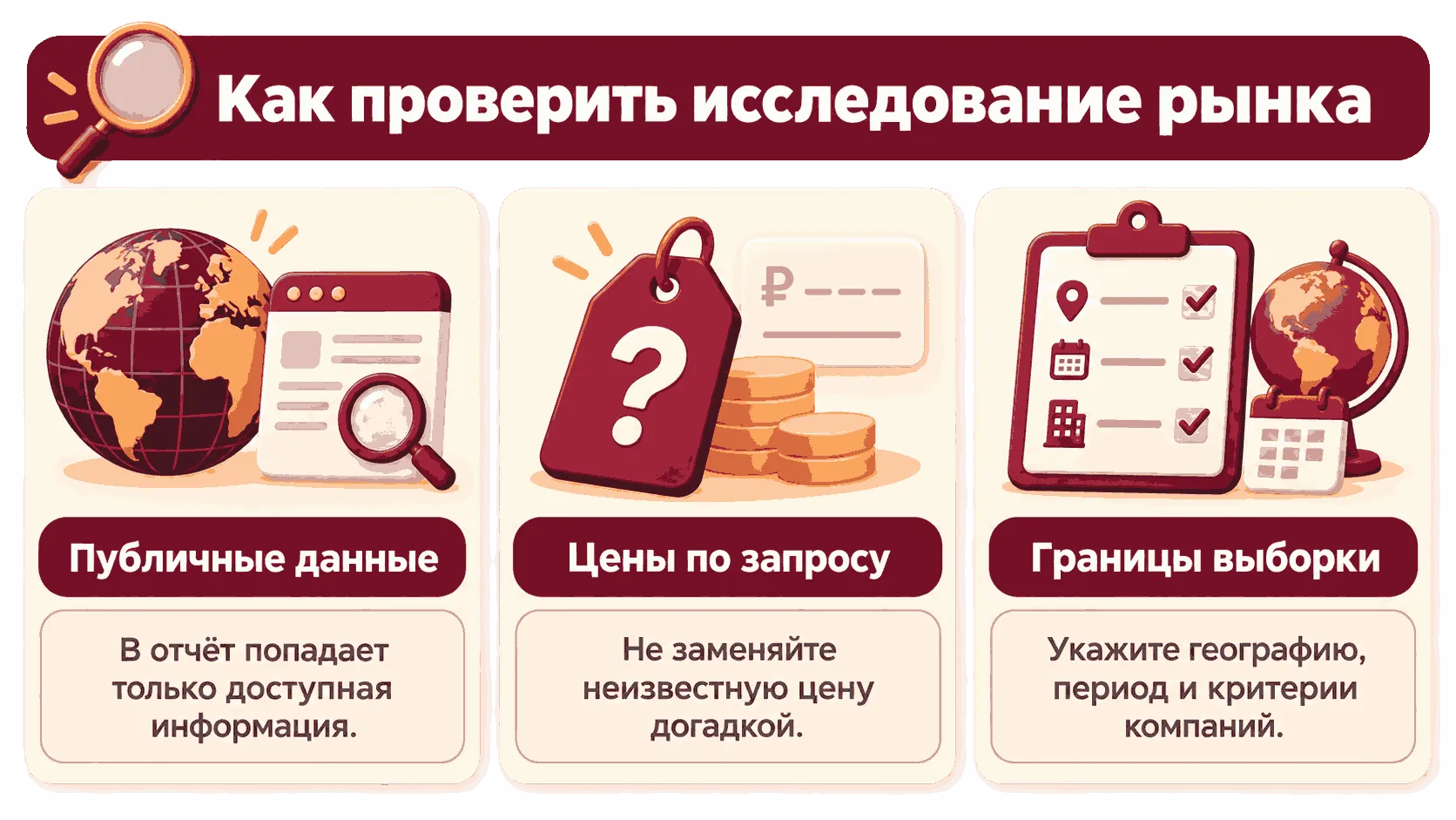 Три условия проверки исследования рынка: публичные данные, цены по запросу и границы выборки