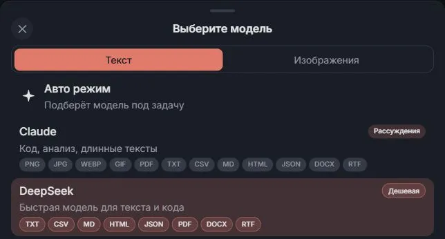 Выбор модели в Agent Roi: карточки Claude и DeepSeek со списками поддерживаемых форматов файлов