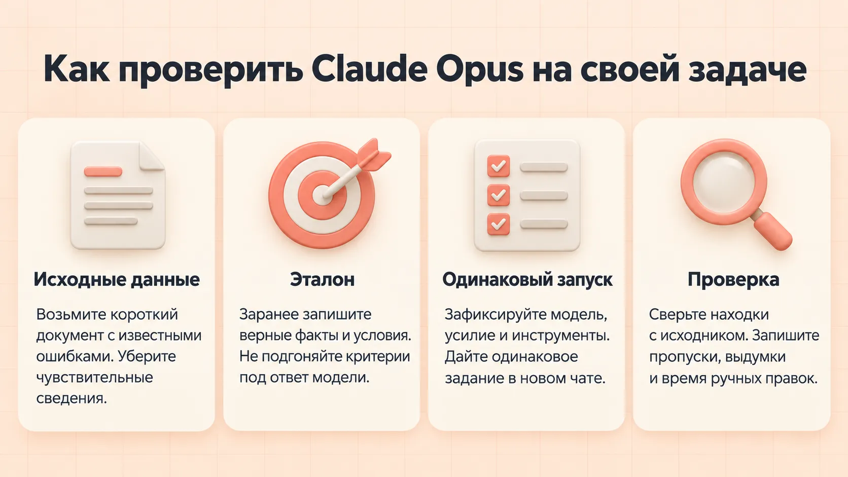 Четыре шага проверки Claude Opus: подготовить исходник, задать эталон, сохранить одинаковые настройки и сверить находки