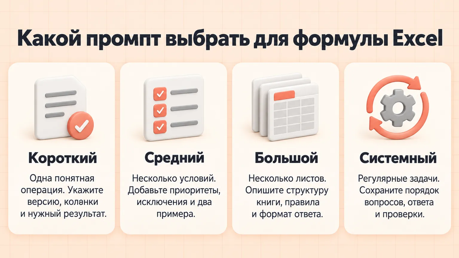 Как выбрать короткий, средний, большой или системный промпт для формулы Excel