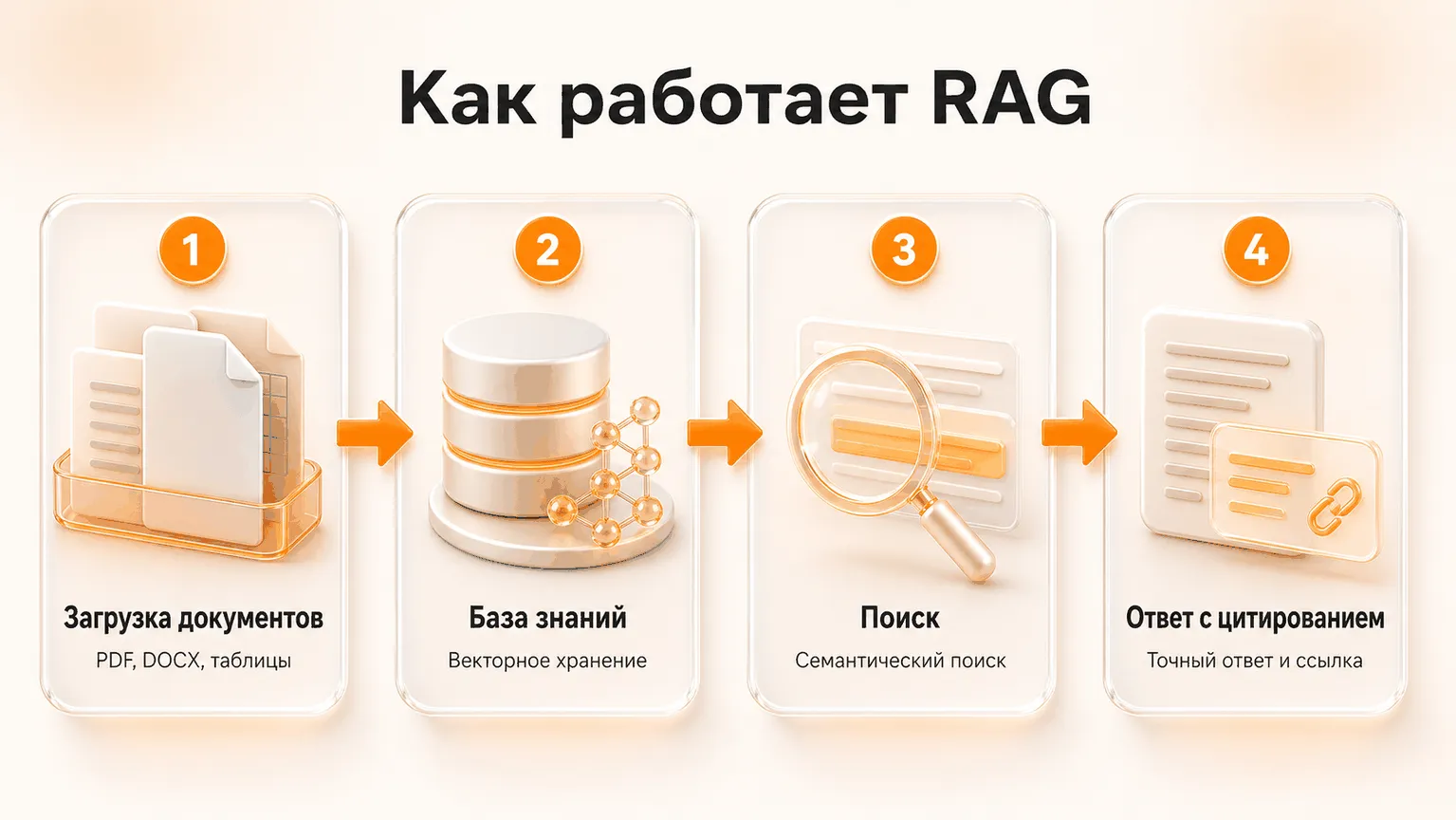 Пошаговая схема работы RAG: загрузка документов, база знаний, семантический поиск, ответ с цитированием