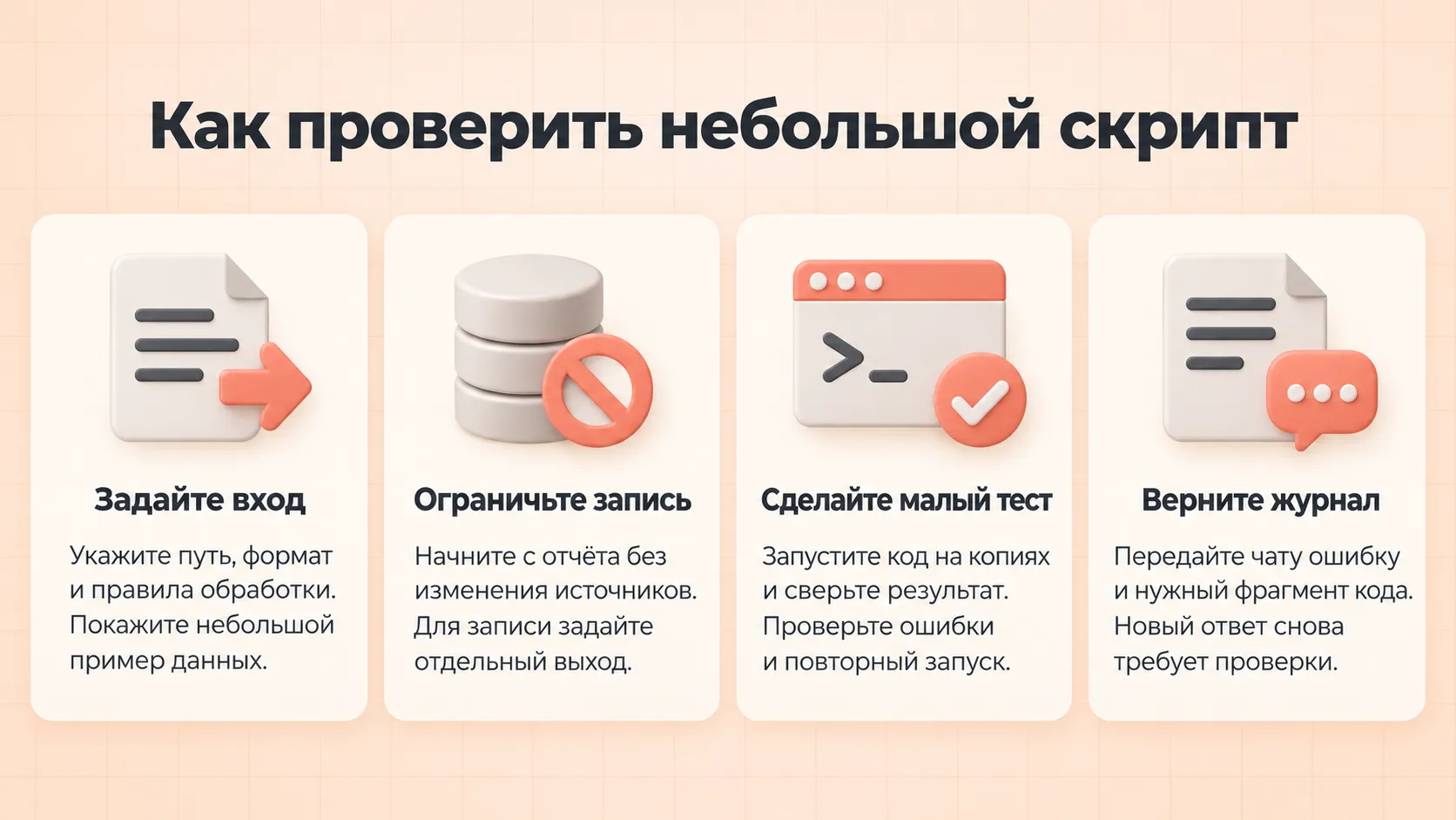 Проверка небольшого скрипта: описание входа, ограничение записи, малый тест и возврат журнала в чат