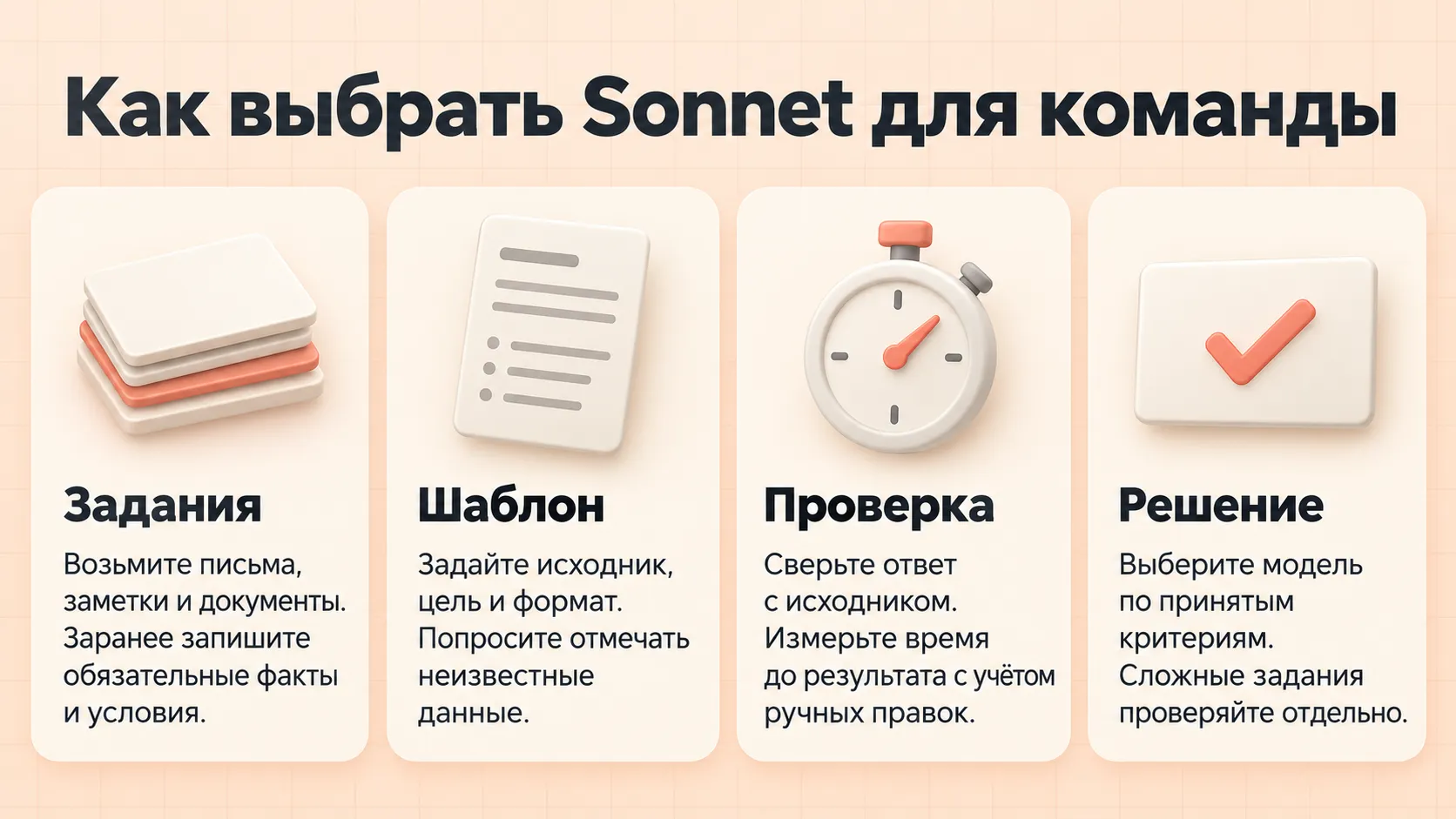 Четыре этапа выбора Sonnet для команды: задания, общий шаблон, проверка с ручными правками и решение по заранее принятым критериям