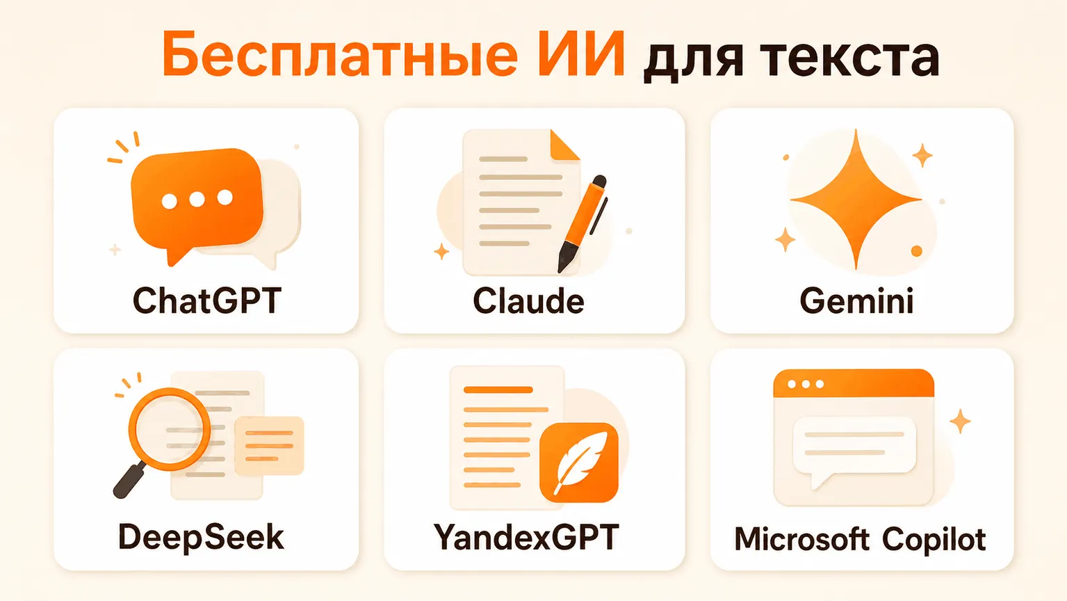 Сравнение бесплатных ИИ-инструментов для текста: ChatGPT, Claude, Gemini, DeepSeek, YandexGPT, Copilot