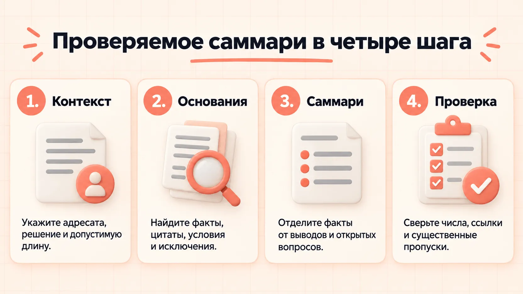 Четыре шага проверяемого саммари: контекст, основания, саммари и проверка