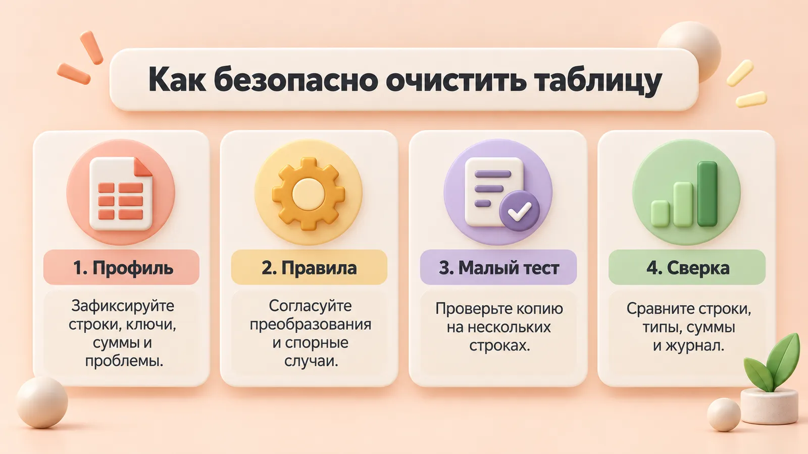 Безопасный процесс очистки таблицы: профиль, правила, тест и сверка