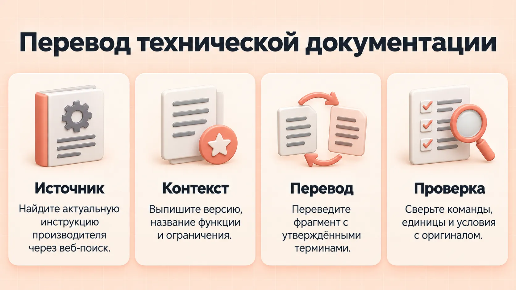 Процесс перевода технической документации: найти источник, зафиксировать контекст, перевести и сверить с оригиналом