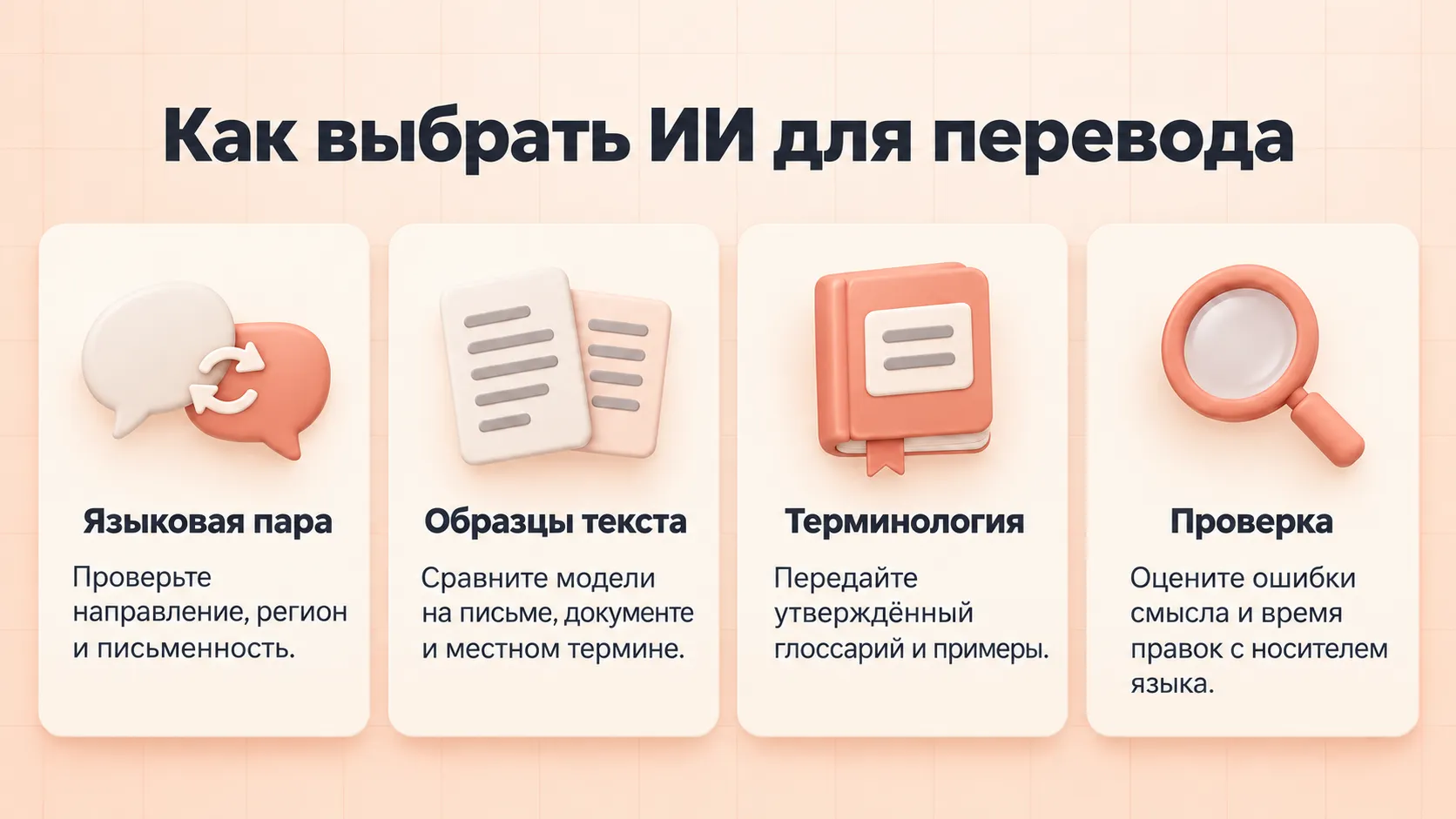 Как выбрать модель перевода: проверить языковую пару, сравнить образцы, передать глоссарий и оценить ошибки