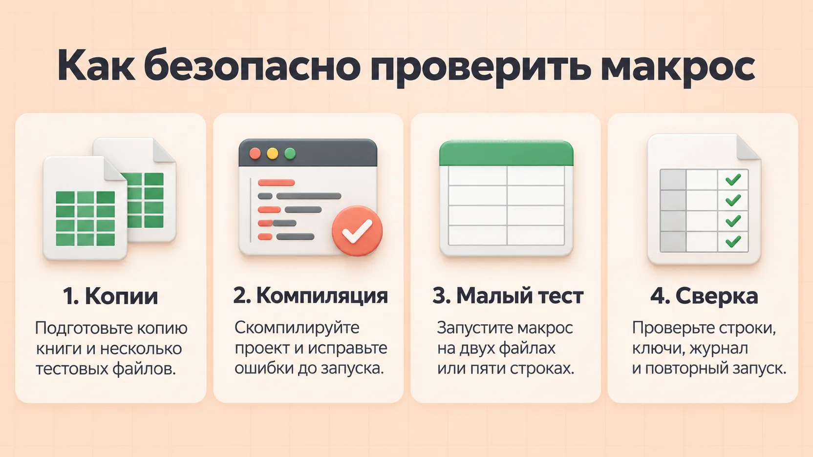 Безопасная проверка VBA-макроса: копии, компиляция, малый тест и сверка